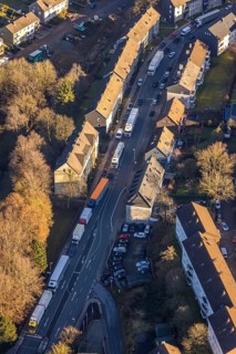 Aerial view, through road with truck traffic jam on the Lennestraße at the exit Lüdenscheid of the