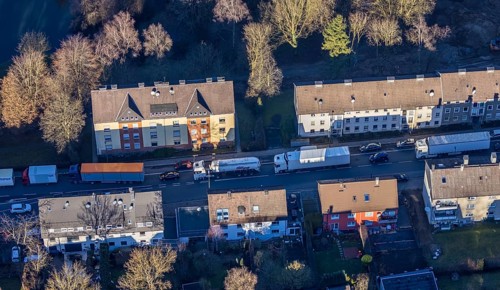 Aerial view, through road with truck traffic jam on the Lennestraße at the exit Lüdenscheid of the