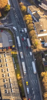 Aerial view, through road with truck traffic jam on the Lennestraße at the exit Lüdenscheid of the