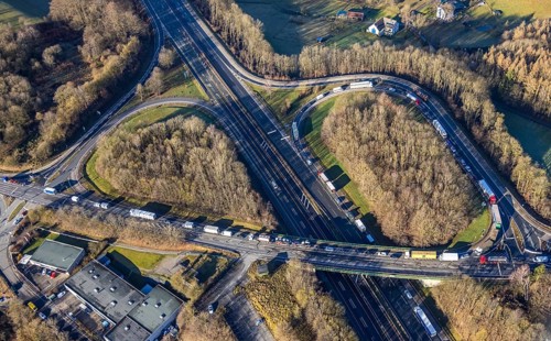 Aerial view, truck traffic jam at the Lüdenscheid exit of the A45 Sauerlandlinie motorway due to