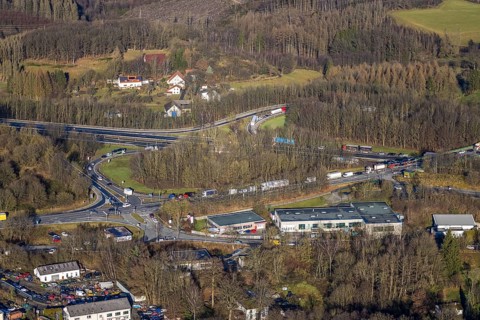 Aerial view, truck traffic jam at the Lüdenscheid exit of the A45 Sauerlandlinie motorway due to
