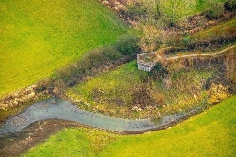 Aerial view of the national nature reserve Lippeauen at the river Lippe with the observation hut