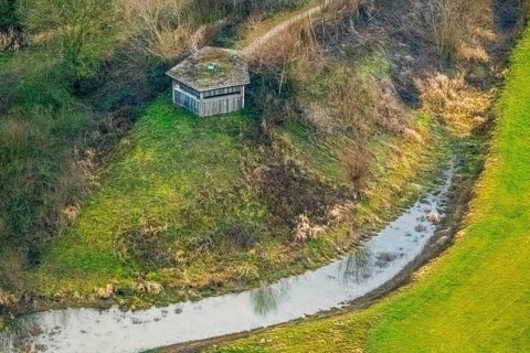 Aerial view of the national nature reserve Lippeauen at the river Lippe with the observation hut