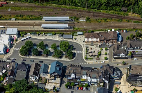 Aerial view, railway station and station building, Altenhundem, Lennestadt, Sauerland, North