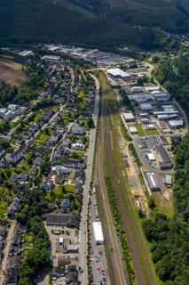 Aerial view, industrial area railway depot, Altenhundem, Lennestadt, Sauerland, North