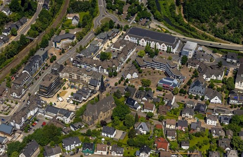 Aerial view, town centre, town hall, St. Agatha Catholic Parish Church, market place, Altenhundem,