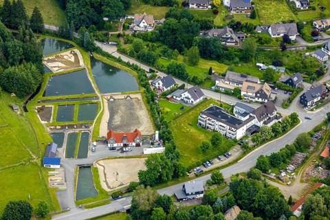 Aerial photo, Sauerland trout farm Rameil, fish ponds, Langenei, Lennestadt, Sauerland, North