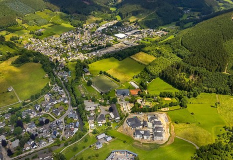 Aerial view, new senior-friendly residential complex WohnGut, spa and community centre, natural