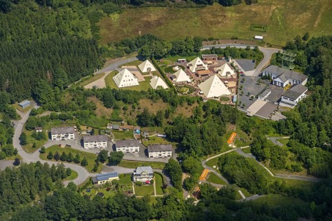 Aerial photo, Galileo-Park, Sauerland Pyramids, Mining Museum Siciliaschacht, Maumke, Lennestadt,