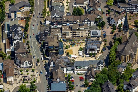 Aerial view, city centre with market place, Catholic parish church St. Agatha, Altenhundem,
