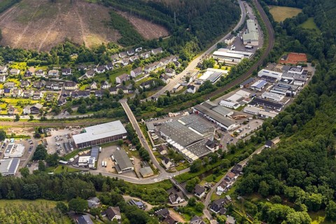 Aerial view, industrial area railway depot, Altenhundem, Lennestadt, Sauerland, North