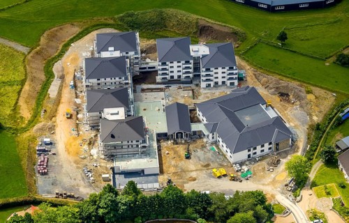 Aerial view, new senior-friendly residential complex WohnGut, Saalhausen, Lennestadt, Sauerland,