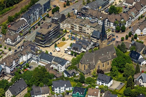Aerial view, city centre with market place, Catholic parish church St. Agatha, Altenhundem,