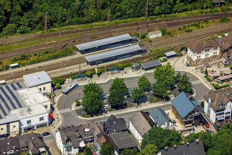 Aerial view, railway and bus station, Altenhundem, Lennestadt, Sauerland, North Rhine-Westphalia,