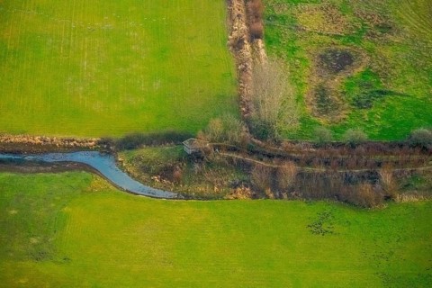 Aerial view of the national nature reserve Lippeauen at the river Lippe with the observation hut