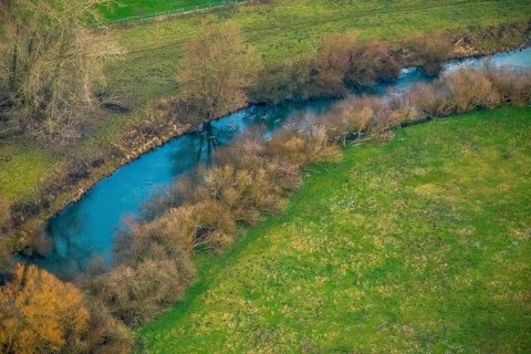 Aerial view of the national nature reserve Lippeauen at the river Lippe with the observation hut