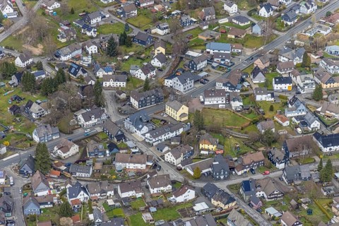 Aerial view, Littfeld town centre with Kapellenschule citizens' meeting place, Littfeld, Kreuztal,