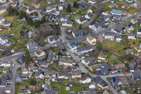Aerial view, Littfeld town centre with Kapellenschule citizens' meeting place, Littfeld, Kreuztal,