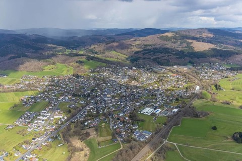 Aerial view, forests near Burgholdinghausen and view of Littfeld, Kreuztal, Sauerland, North