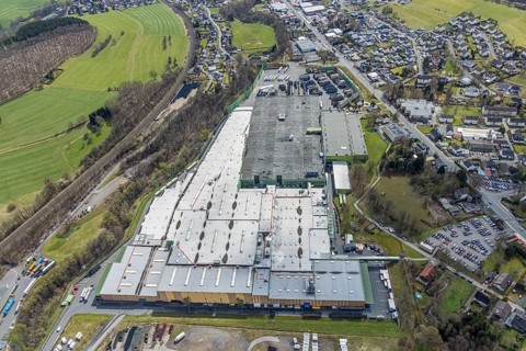 Aerial photo, Krombacher brewery logistics centre, Krombach, Kreuztal, Sauerland, North