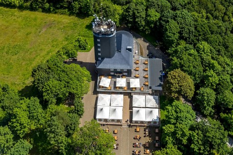 Aerial view, Hohe Bracht observation tower with cafe, Hofolpe, Lennestadt, Sauerland, North