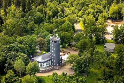 Aerial view, Hohe Bracht observation tower with café, Hofolpe, Lennestadt, Sauerland, North