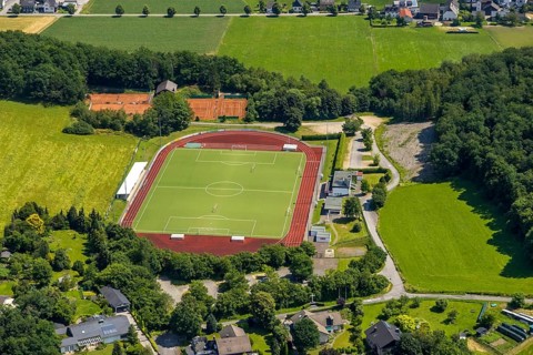 Aerial view, sports field at the Habuche, Grevenbrück, Lennestadt, Sauerland, North