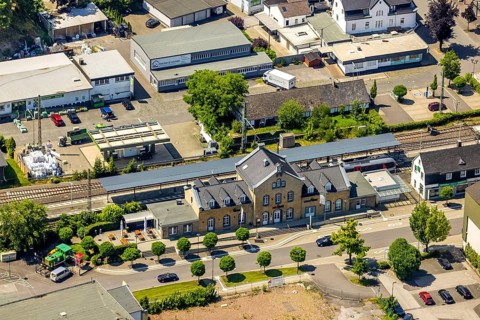 Aerial view, Lennestadt-Grevenbrück railway station, EssBahnhof and KulturBahnhof, Lennestadt,
