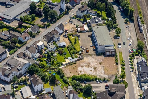 Aerial view, Lennestadt-Grevenbrück railway station, wasteland at the forecourt, Lennestadt,