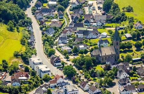 Aerial view, St. Nicholas Church, Grevenbrück, Lennestadt, Sauerland, North Rhine-Westphalia,