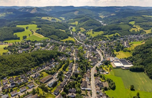 Aerial view, view of Grevenbrück and St. Nicholas Church, Lennestadt, Sauerland, North