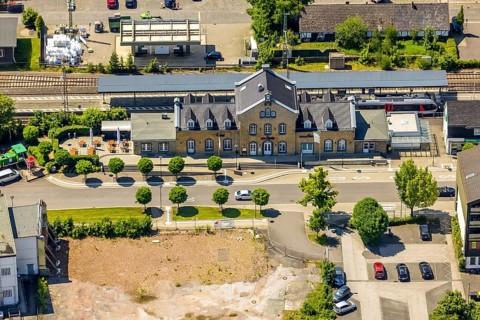 Aerial view, Lennestadt-Grevenbrück railway station, EssBahnhof and KulturBahnhof, Lennestadt,