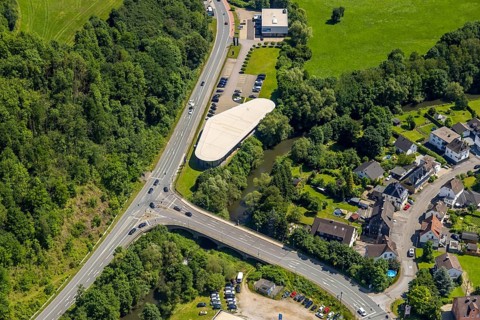 Aerial view, Mercedes-Benz car dealer, Grevenbrück, Lennestadt, Sauerland, North Rhine-Westphalia,