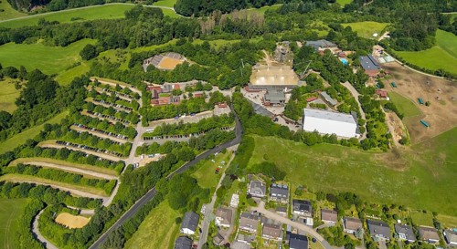 Aerial view, Elspe festival site, Elspe, Lennestadt, Sauerland, North Rhine-Westphalia, Germany,