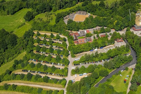 Aerial view, Elspe festival site, Elspe, Lennestadt, Sauerland, North Rhine-Westphalia, Germany,