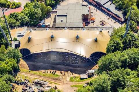 Aerial view, Elspe festival area, horse parade, spectators under the tent roof, Niedermelbecke,