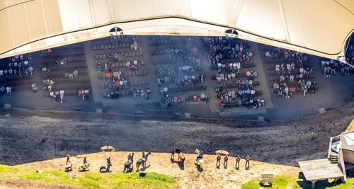 Aerial view, Elspe festival area, horse parade, spectators under the tent roof, Niedermelbecke,
