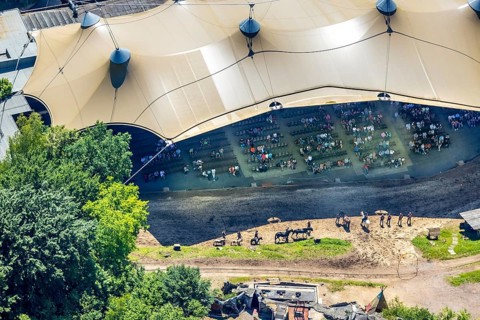 Aerial view, Elspe festival area, horse parade, spectators under the tent roof, Niedermelbecke,