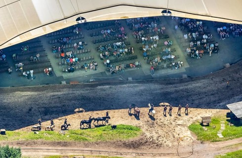 Aerial view, Elspe festival area, horse parade, spectators under the tent roof, Niedermelbecke,