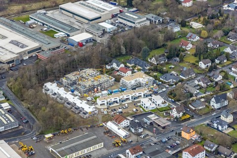 Aerial view, construction site and new building residential area Lebenswert-Deichwald am