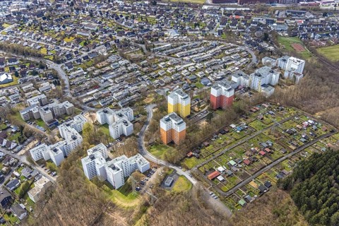 Aerial view, residential area with high-rise buildings on Eggersten Ring, Kreuztal, Sauerland,