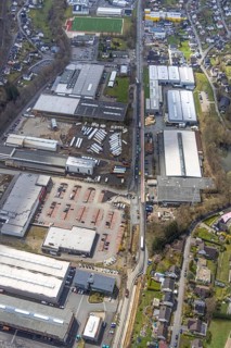 Aerial view, industrial area industrial park Ferndorftal, car park REWE am besten PETZ, Kredenbach,