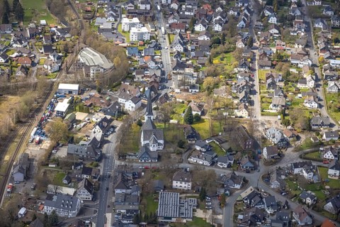 Aerial view, Evang. Laurentius Church and Local History Museum in the district of Ferndorf,