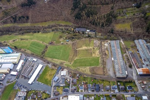 Aerial view, fallow land at Mühlenweg in Ferndorf, Kreuztal, Sauerland, North Rhine-Westphalia,