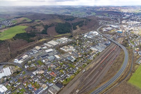 Aerial view, Hüttentalstraße, commercial area Siegener Straße, Buschhütten, Kreuztal, Sauerland,