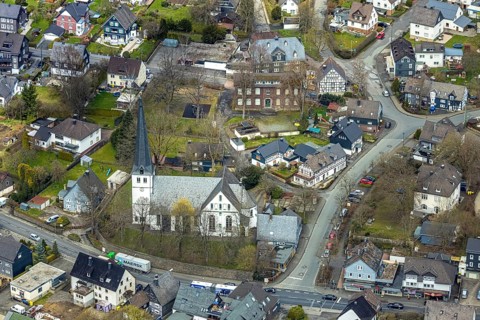 Aerial view, Evang. Laurentius Church and Local History Museum in the district of Ferndorf,
