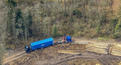 Aerial view, harvester and lorry removal, forest damage at Kihlenberg, Kruberg, Kirchhundem,