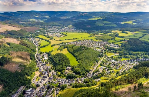 Aerial view, local view and church St. Peter and Paul, Kirchhundem, Sauerland, North