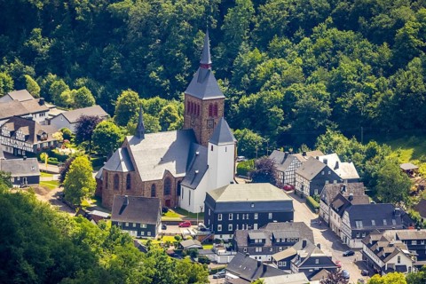 Aerial view, Church of St Peter and Paul, Altenhundem, Kirchhundem, Sauerland, North