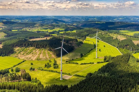 Aerial view, wind turbine at Rahrbach, forest area with forest damage, Welschen-Ennest,